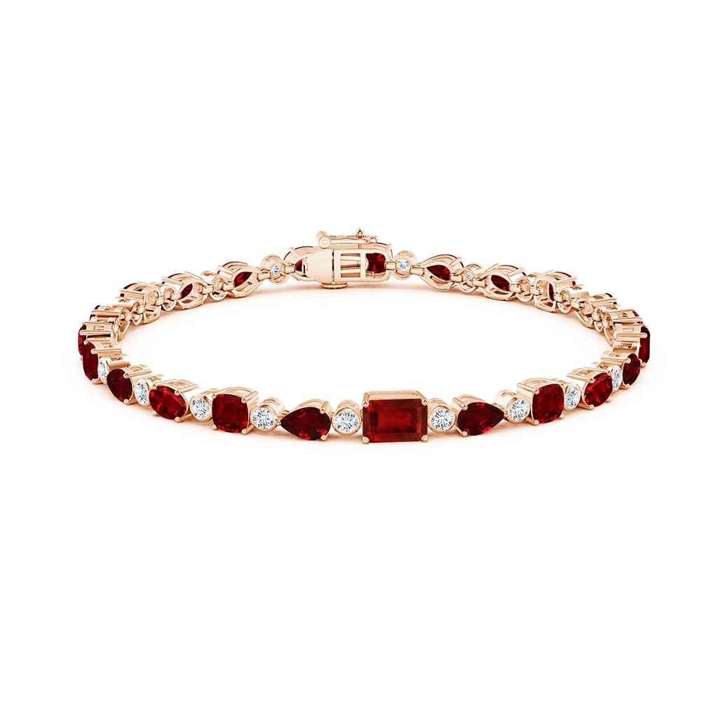 6x4mm AAAA Ruby & Diamond Multi-Shape Tennis Bracelet in Rose Gold - side 199