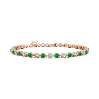 3mm AA Round Emerald and Diamond Tennis Link Bracelet in 10K Rose Gold