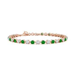 3mm AAAA Round Emerald and Diamond Tennis Link Bracelet in 18K Rose Gold