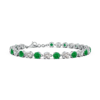 4mm AA Round Emerald and Diamond Tennis Link Bracelet in White Gold