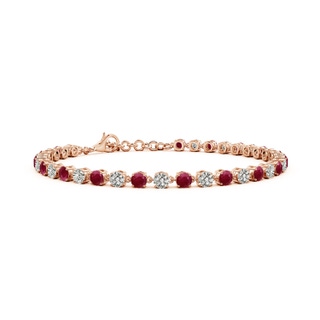 3mm A Round Ruby and Diamond Tennis Link Bracelet in 10K Rose Gold