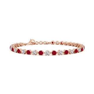 3mm AA Round Ruby and Diamond Tennis Link Bracelet in Rose Gold