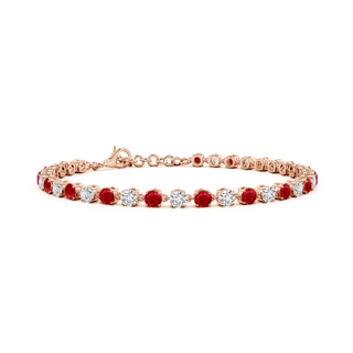 3mm AAA Round Ruby and Diamond Tennis Link Bracelet in 18K Rose Gold