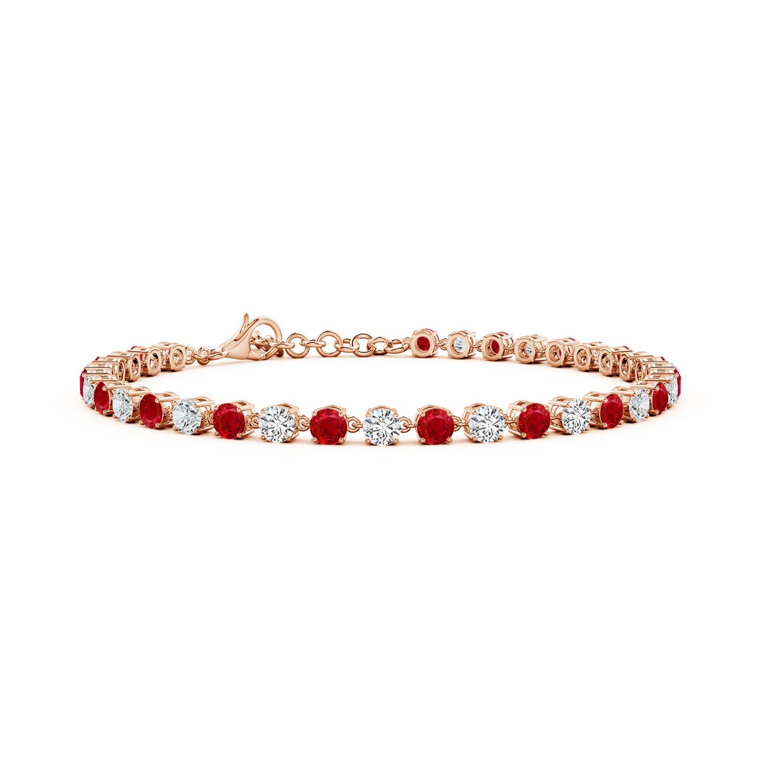 3mm AAA Round Ruby and Diamond Tennis Link Bracelet in Rose Gold