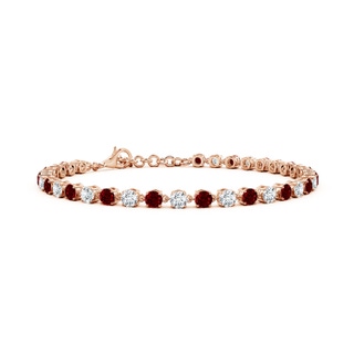 3mm AAAA Round Ruby and Diamond Tennis Link Bracelet in 18K Rose Gold