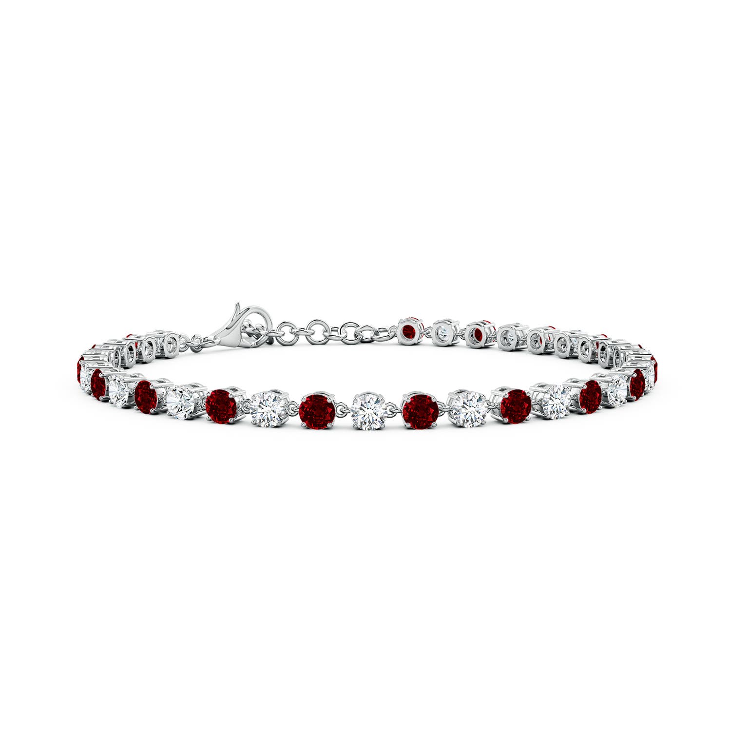 3mm AAAA Round Ruby and Diamond Tennis Link Bracelet in 18K White Gold