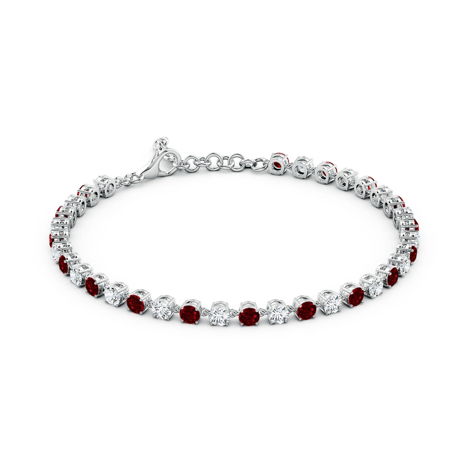 3mm AAAA Round Ruby and Diamond Tennis Link Bracelet in 18K White Gold