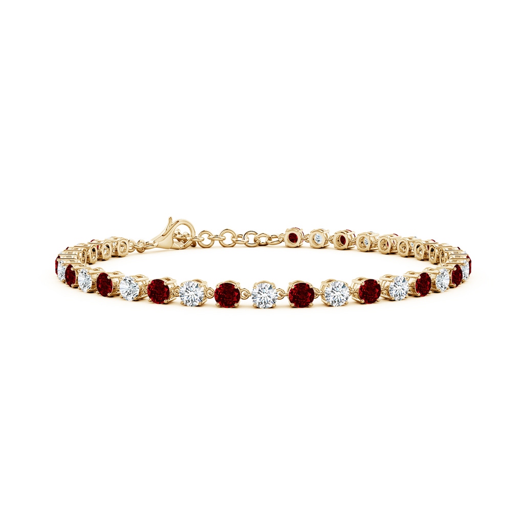 3mm AAAA Round Ruby and Diamond Tennis Link Bracelet in Yellow Gold
