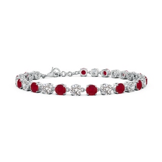 4mm AA Round Ruby and Diamond Tennis Link Bracelet in White Gold