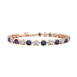 4mm AA Round Blue Sapphire and Diamond Tennis Link Bracelet in 18K Rose Gold