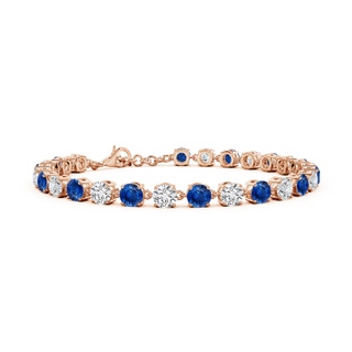 4mm AAA Round Blue Sapphire and Diamond Tennis Link Bracelet in 18K Rose Gold