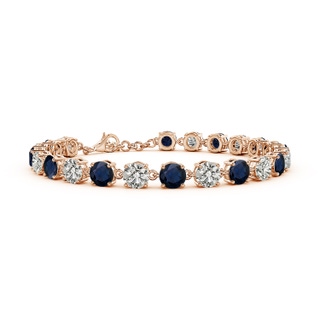 5mm A Round Blue Sapphire and Diamond Tennis Link Bracelet in Rose Gold