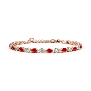 4x3mm AAA Oval Ruby and Diamond Tennis Link Bracelet in 10K Rose Gold