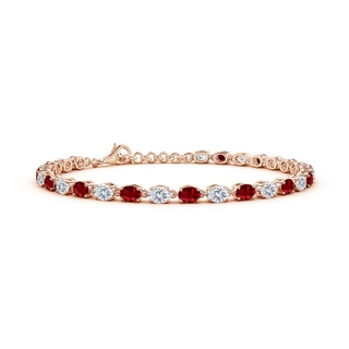 4x3mm AAAA Oval Ruby and Diamond Tennis Link Bracelet in 10K Rose Gold