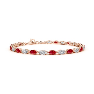 5x3mm AAA Oval Ruby and Diamond Tennis Link Bracelet in 18K Rose Gold