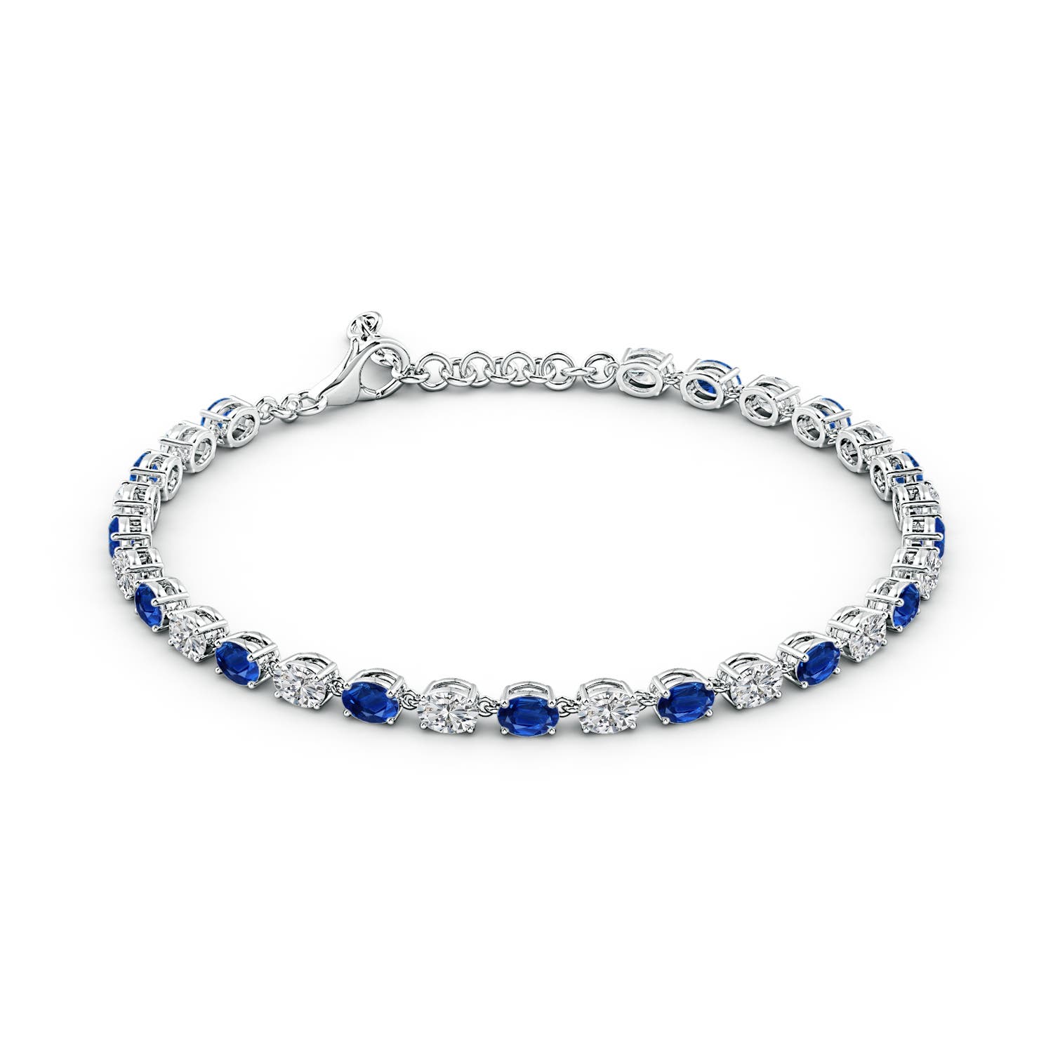 4x3mm AAA Oval Blue Sapphire and Diamond Tennis Link Bracelet in 18K White Gold