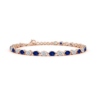 4x3mm AAAA Oval Blue Sapphire and Diamond Tennis Link Bracelet in 18K Rose Gold