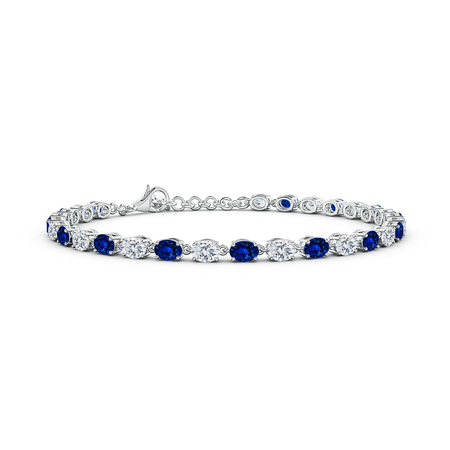 4x3mm AAAA Oval Blue Sapphire and Diamond Tennis Link Bracelet in 18K White Gold