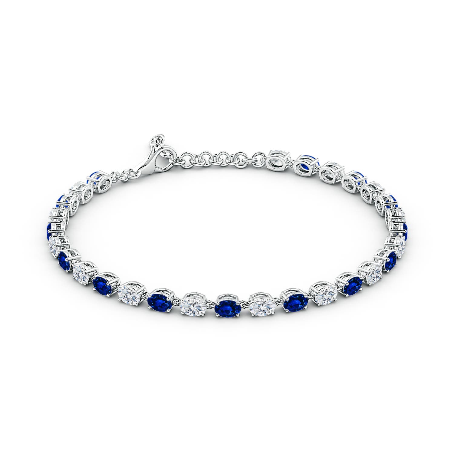 4x3mm AAAA Oval Blue Sapphire and Diamond Tennis Link Bracelet in 18K White Gold