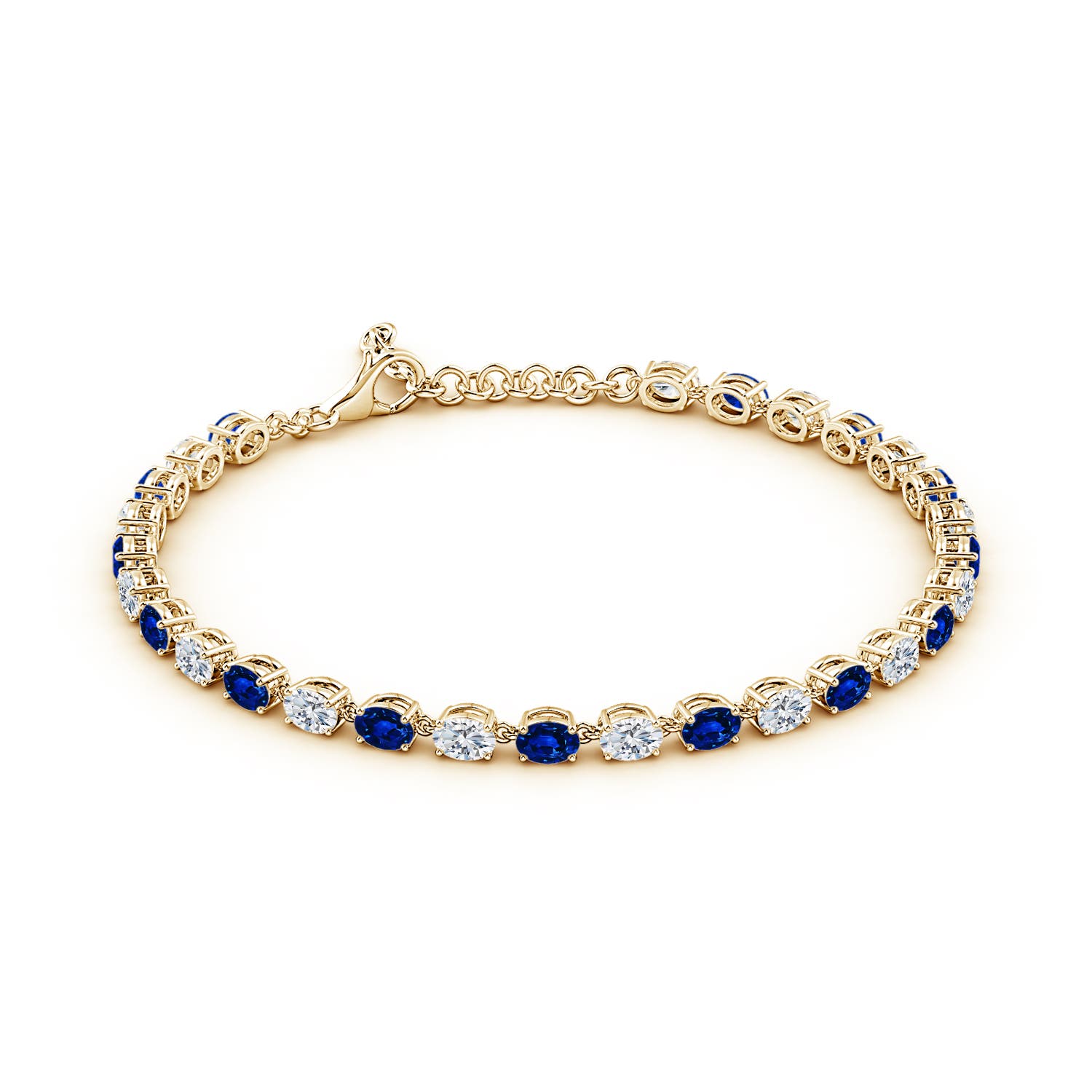 4x3mm AAAA Oval Blue Sapphire and Diamond Tennis Link Bracelet in 18K Yellow Gold