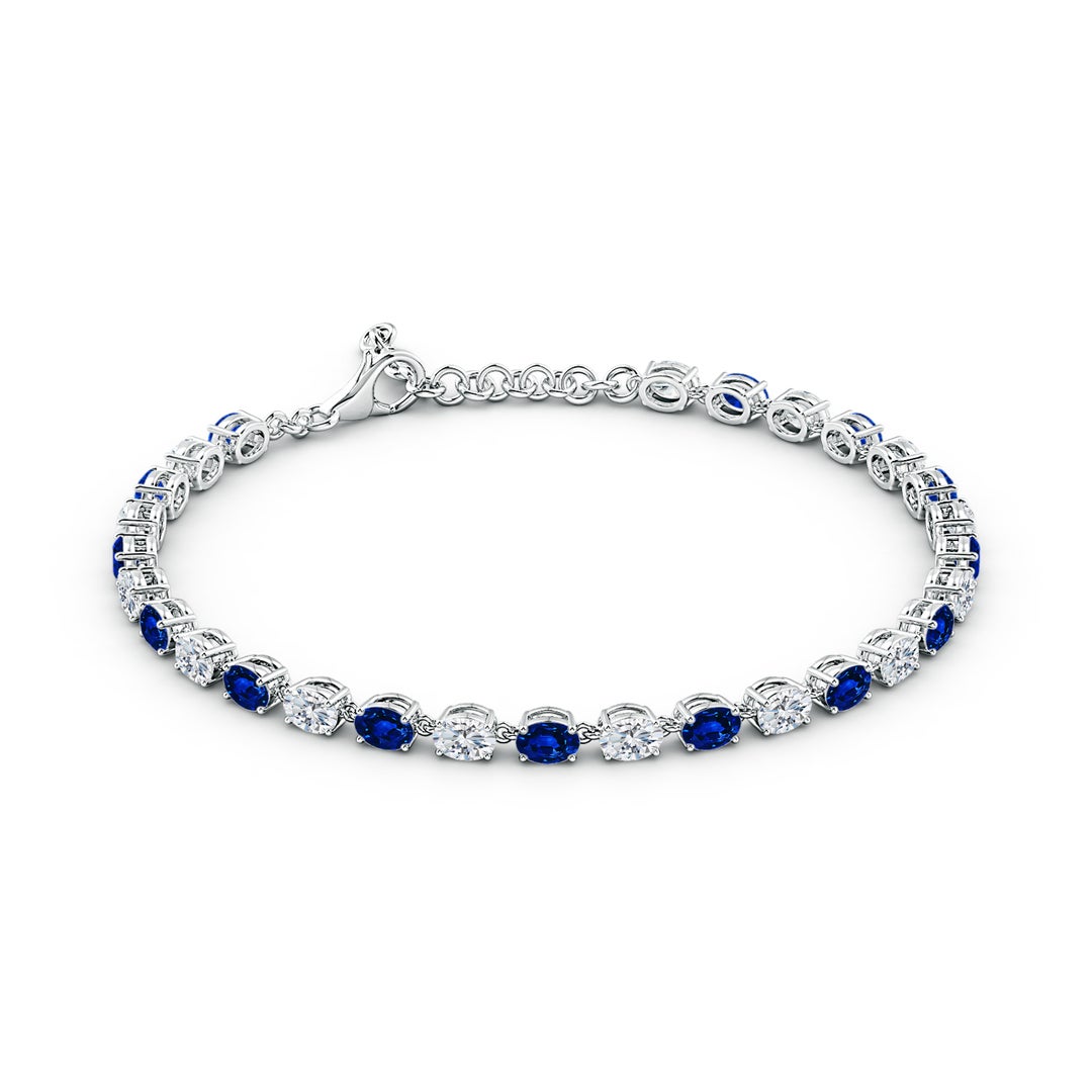 4x3mm AAAA Oval Blue Sapphire and Diamond Tennis Link Bracelet in White Gold - side 3