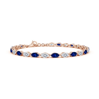 5x3mm AAAA Oval Blue Sapphire and Diamond Tennis Link Bracelet in 18K Rose Gold