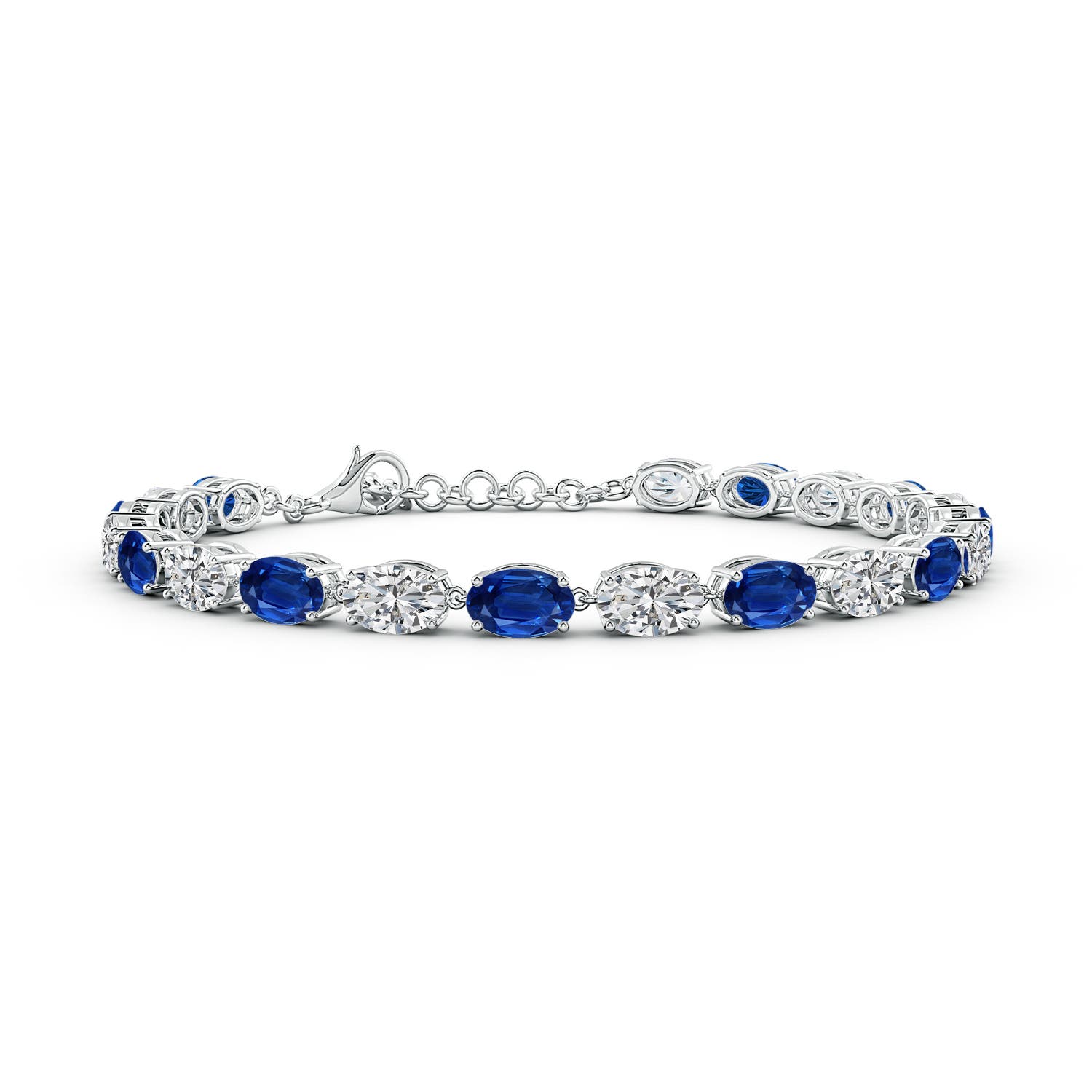 6x4mm AAA Oval Blue Sapphire and Diamond Tennis Link Bracelet in 18K White Gold