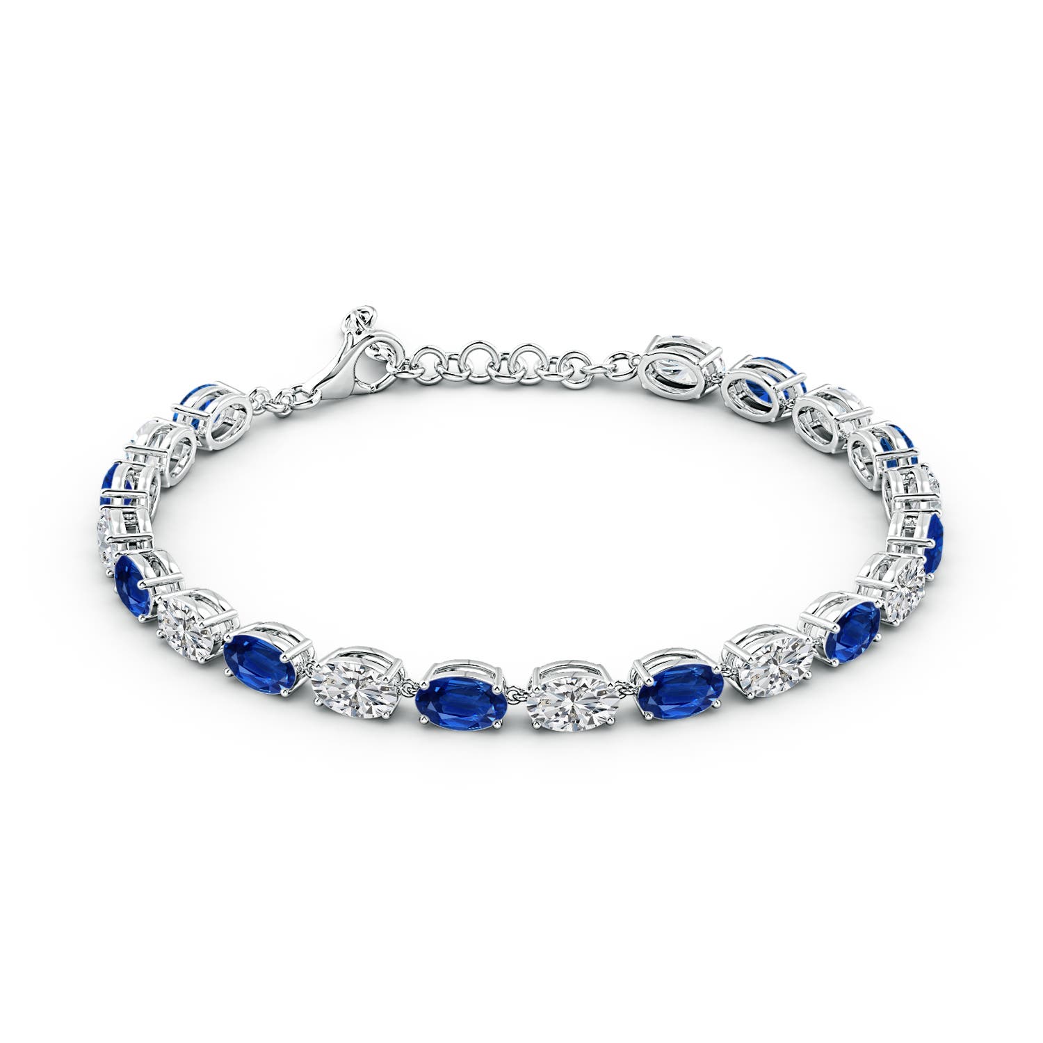 6x4mm AAA Oval Blue Sapphire and Diamond Tennis Link Bracelet in 18K White Gold