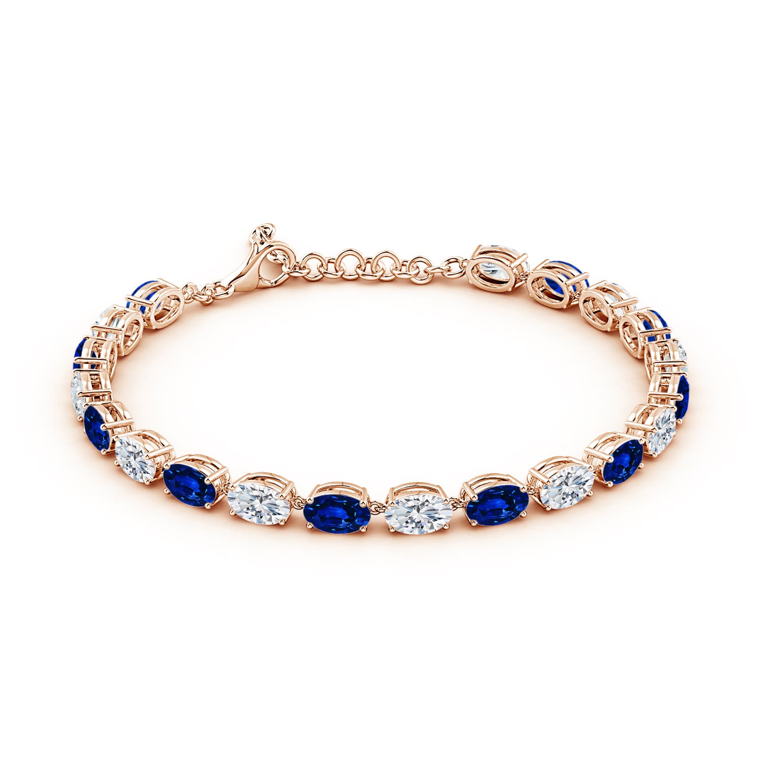 6x4mm AAAA Oval Blue Sapphire and Diamond Tennis Link Bracelet in 18K Rose Gold