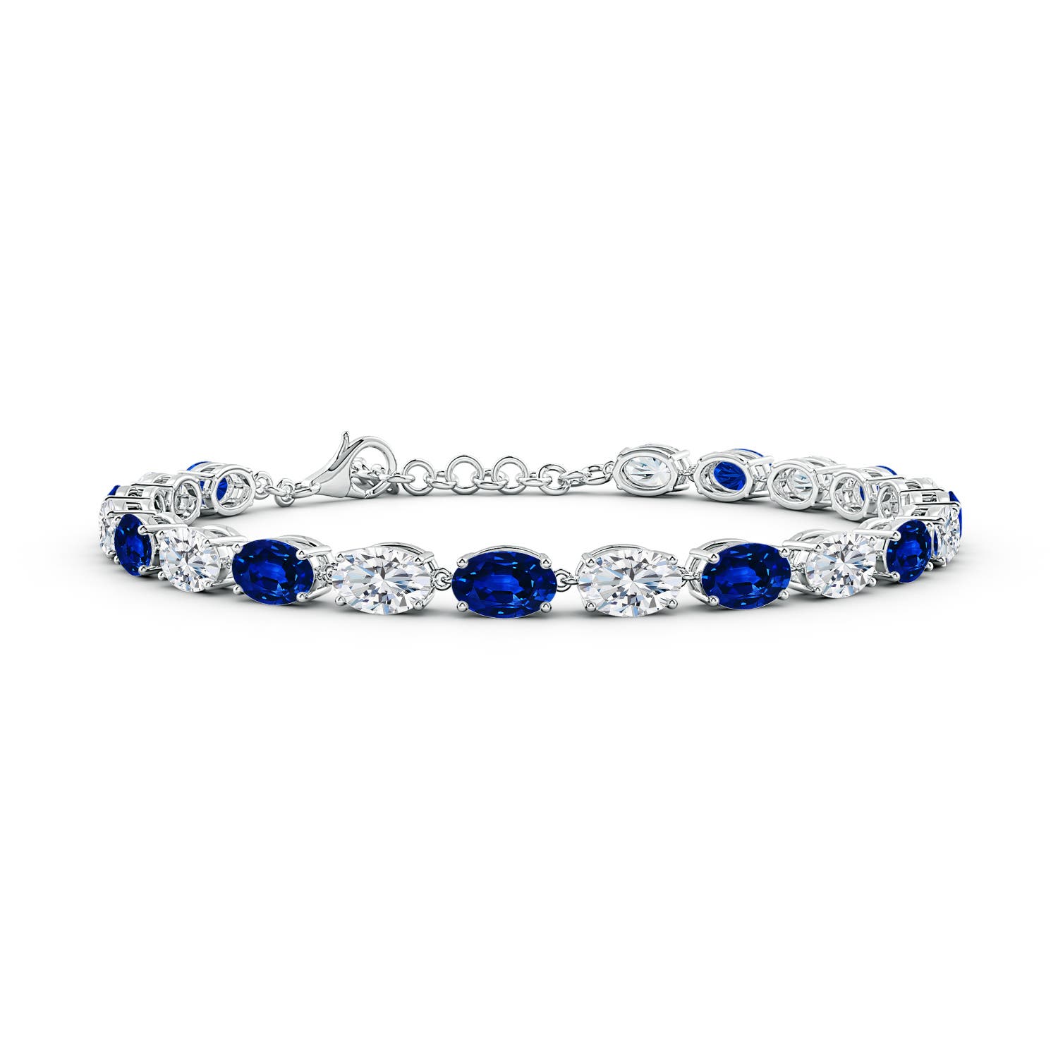6x4mm AAAA Oval Blue Sapphire and Diamond Tennis Link Bracelet in 18K White Gold