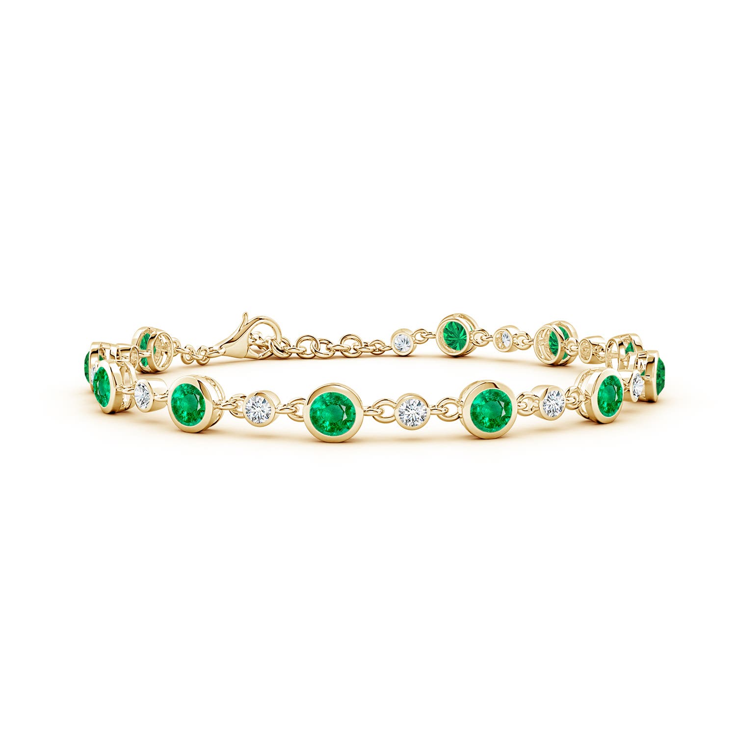 4mm AAA Alternating Round Emerald and Diamond Tennis Bracelet in Yellow Gold