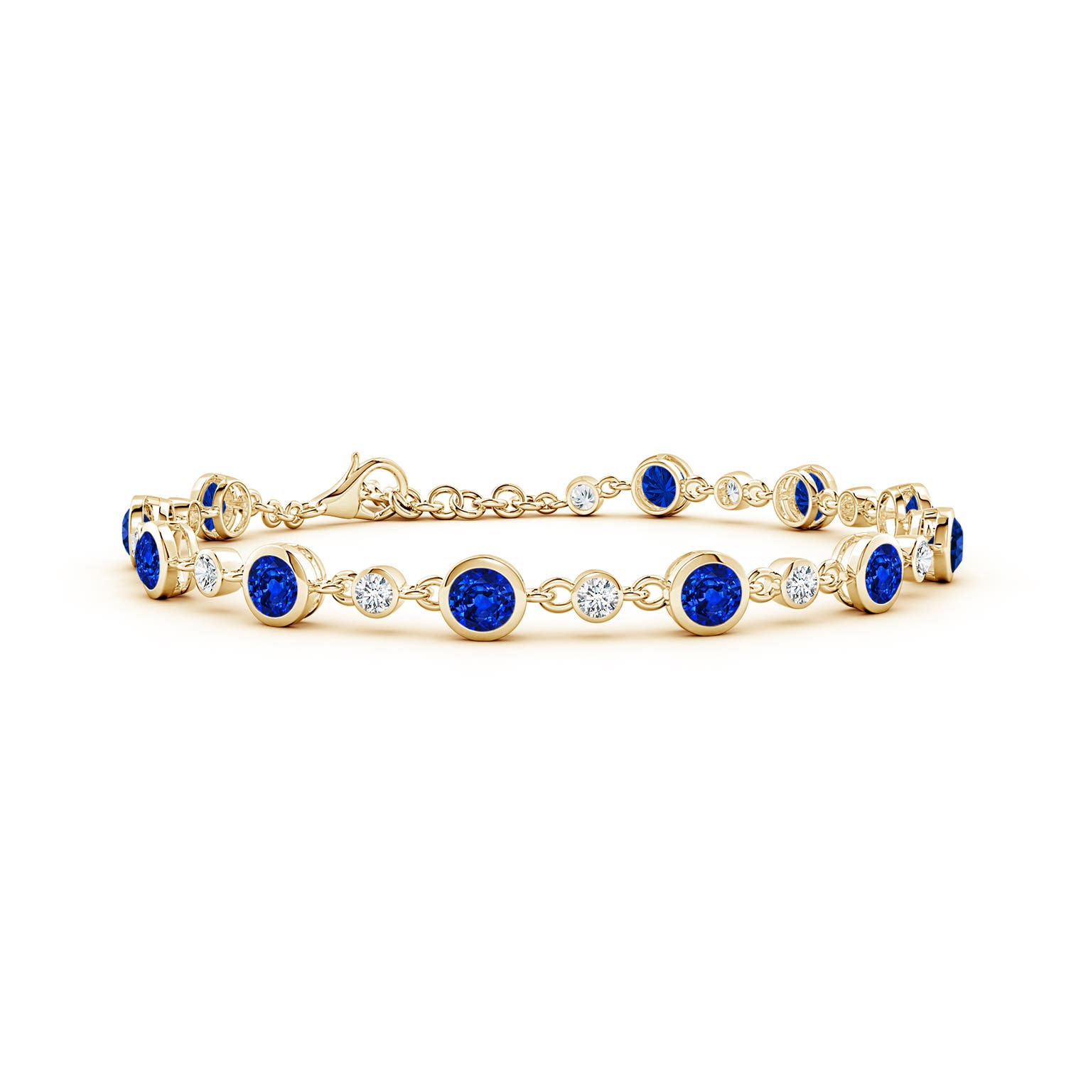4mm AAAA Alternating Round Blue Sapphire and Diamond Tennis Bracelet in 18K Yellow Gold