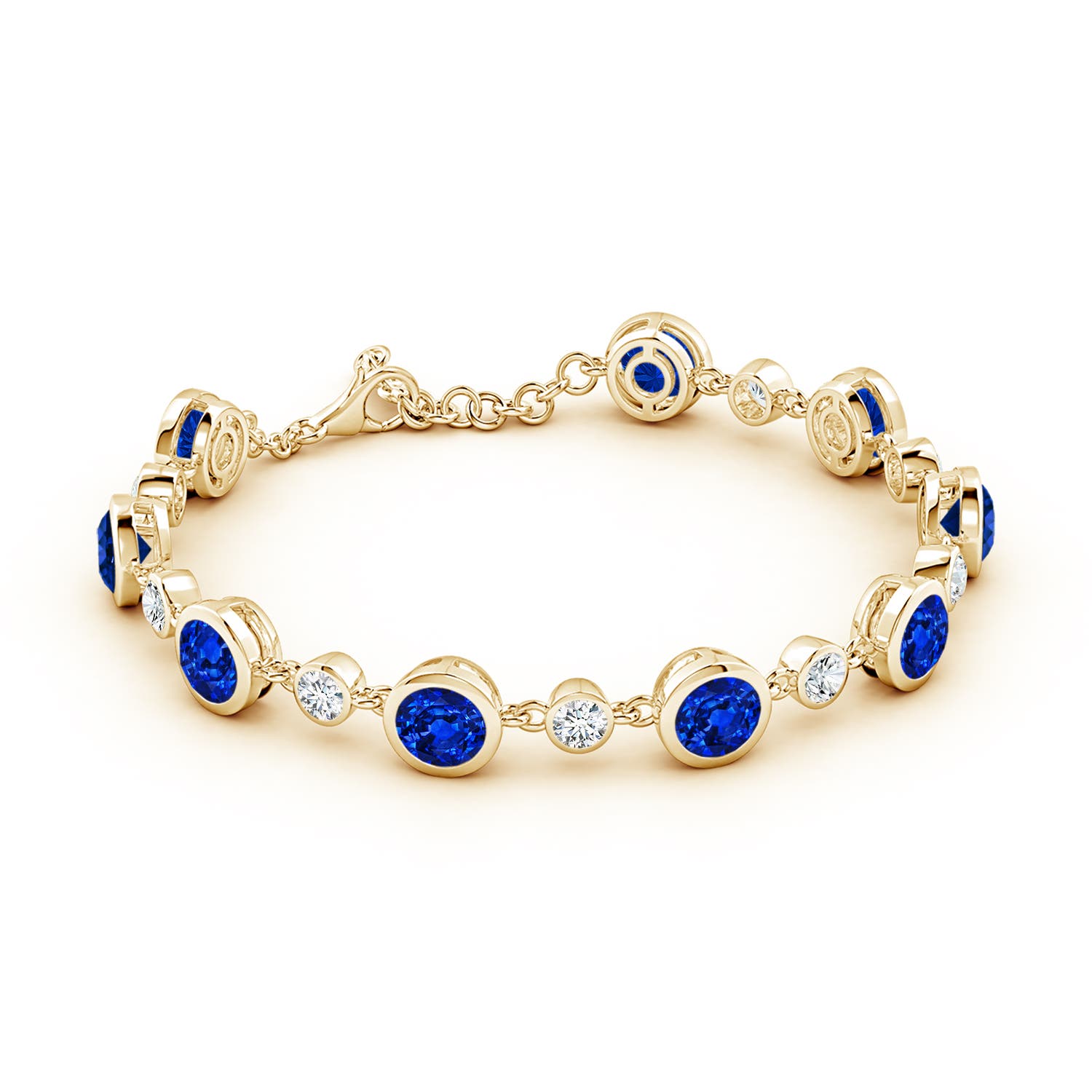 6mm AAAA Alternating Round Blue Sapphire and Diamond Tennis Bracelet in Yellow Gold