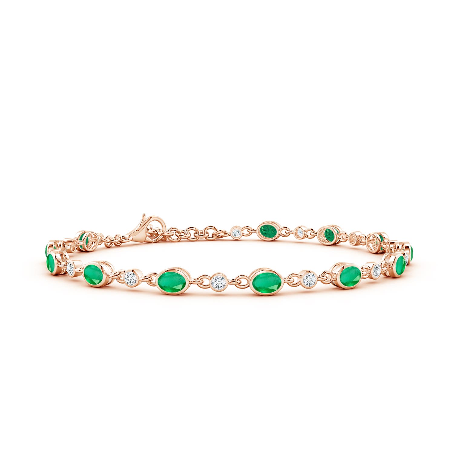 4x3mm A Alternating Oval Emerald and Round Diamond Tennis Bracelet in 18K Rose Gold