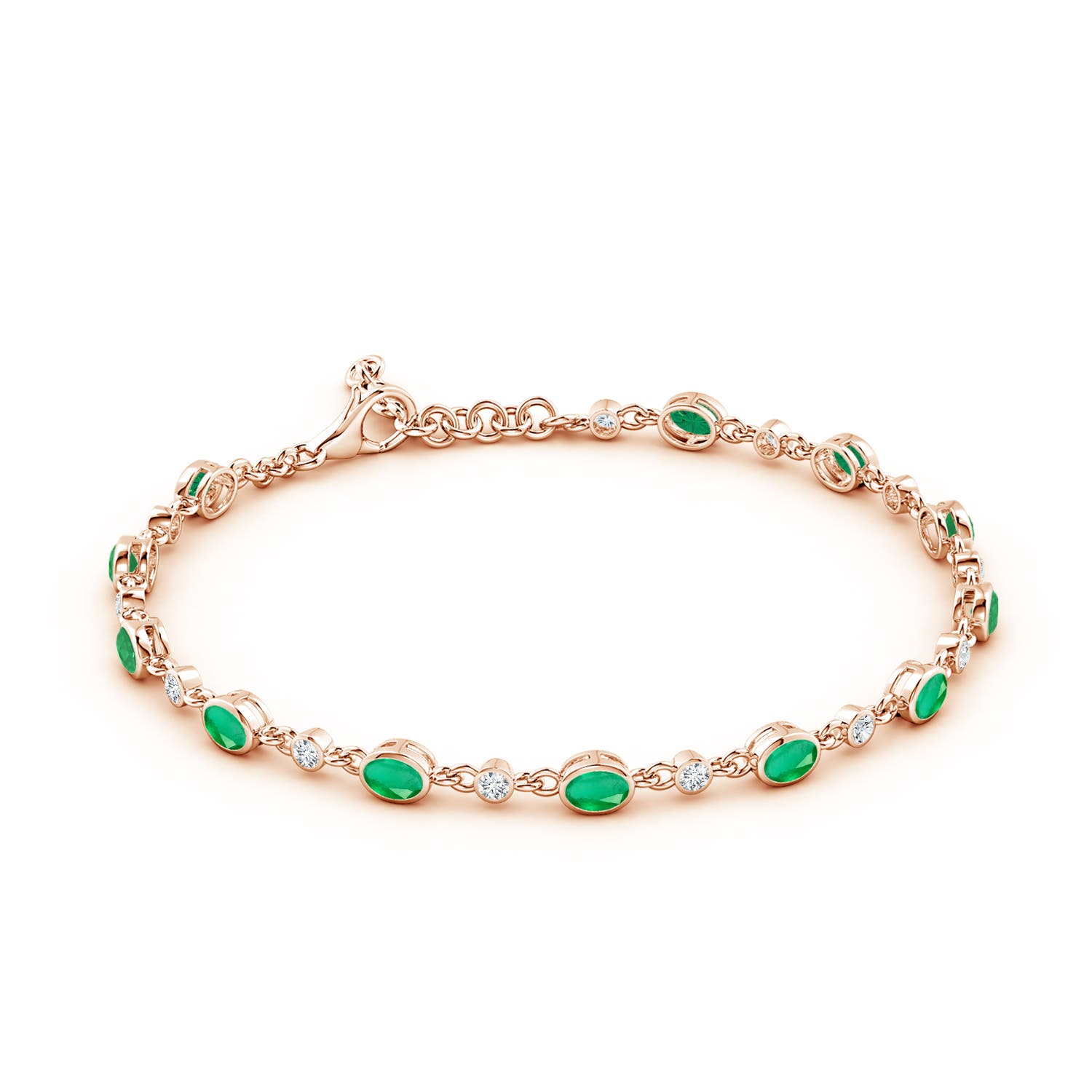 4x3mm A Alternating Oval Emerald and Round Diamond Tennis Bracelet in 18K Rose Gold