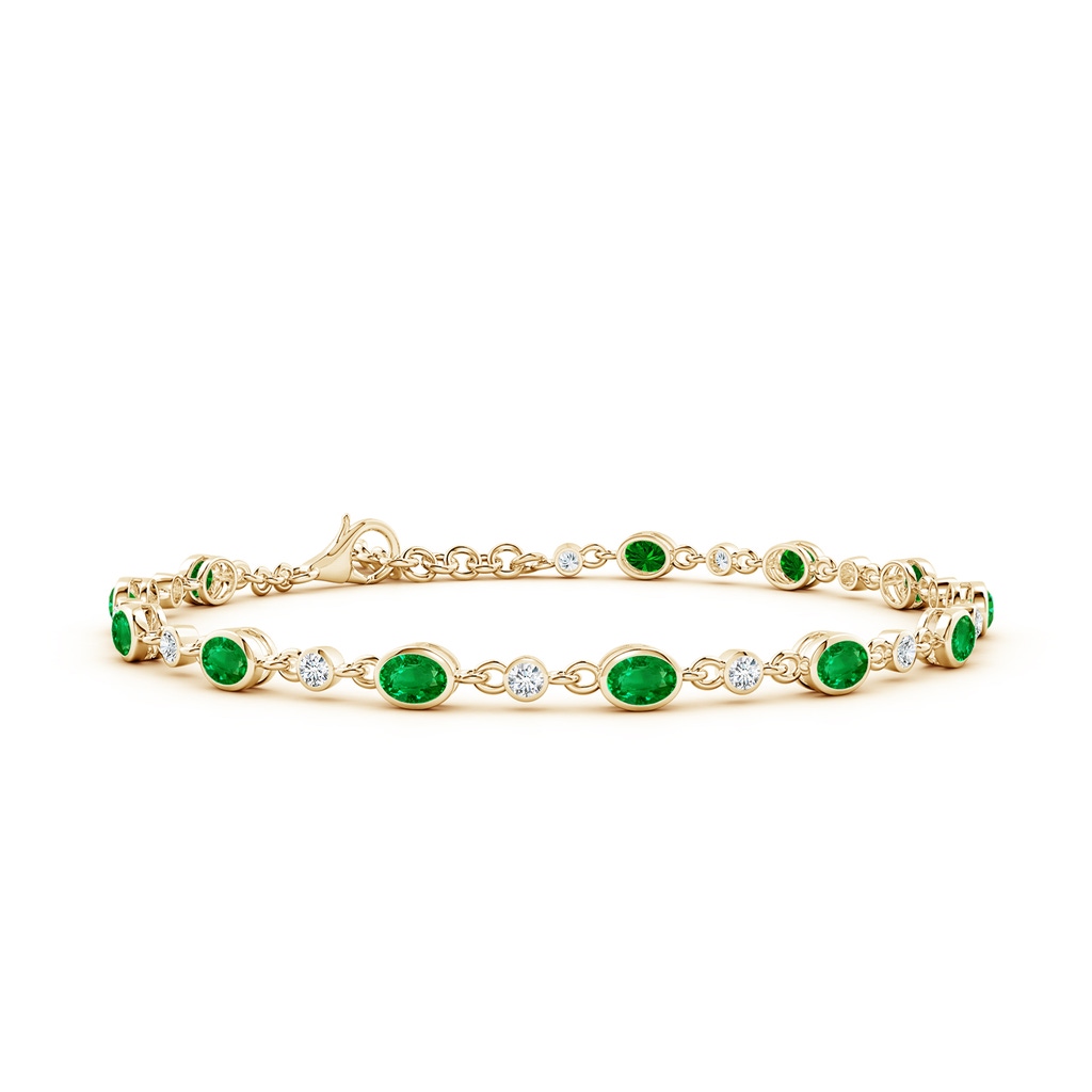 4x3mm AAAA Alternating Oval Emerald and Round Diamond Tennis Bracelet in Yellow Gold