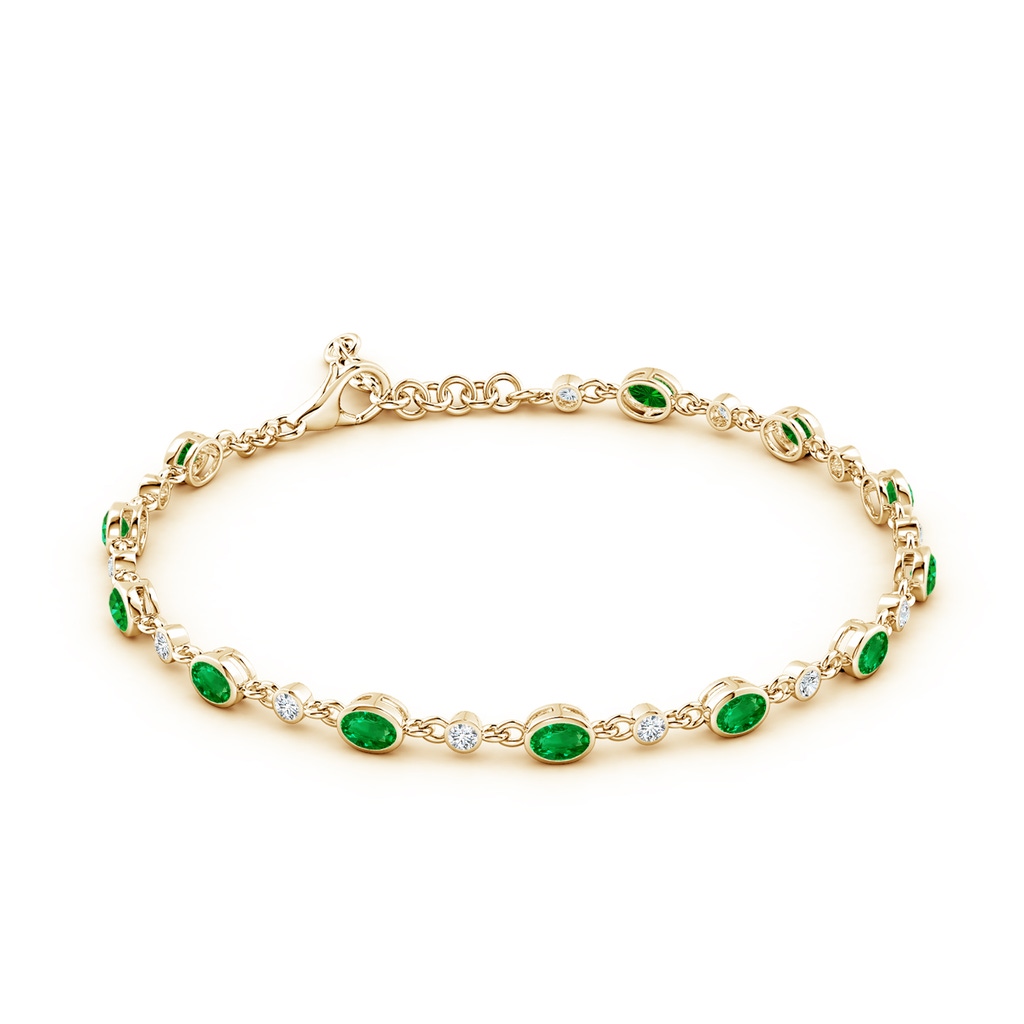 4x3mm AAAA Alternating Oval Emerald and Round Diamond Tennis Bracelet in Yellow Gold - side 199