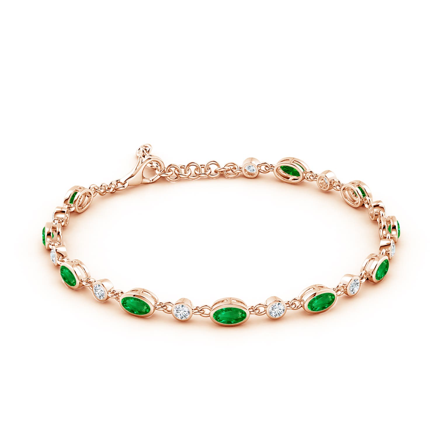 5x3mm AAAA Alternating Oval Emerald and Round Diamond Tennis Bracelet in Rose Gold