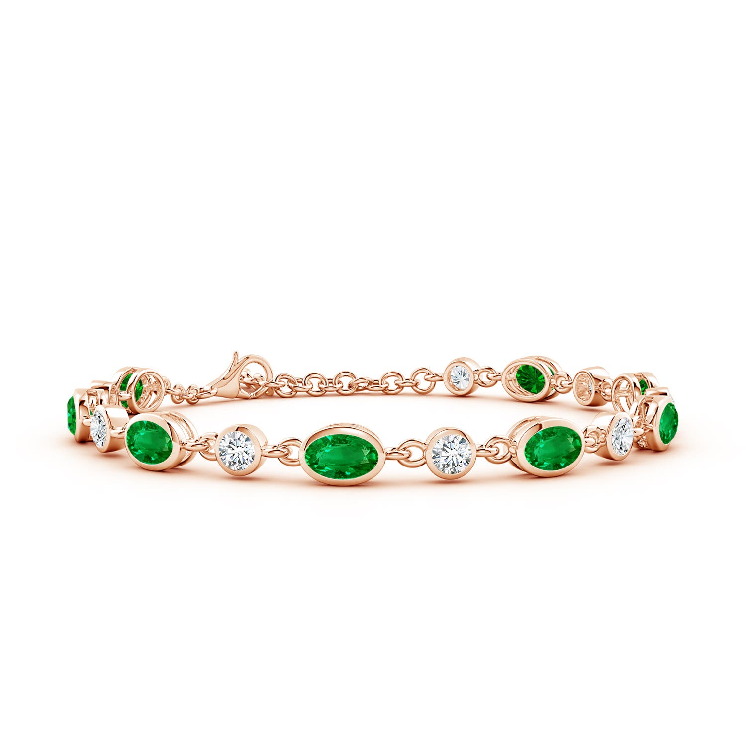 6x4mm AAAA Alternating Oval Emerald and Round Diamond Tennis Bracelet in 18K Rose Gold
