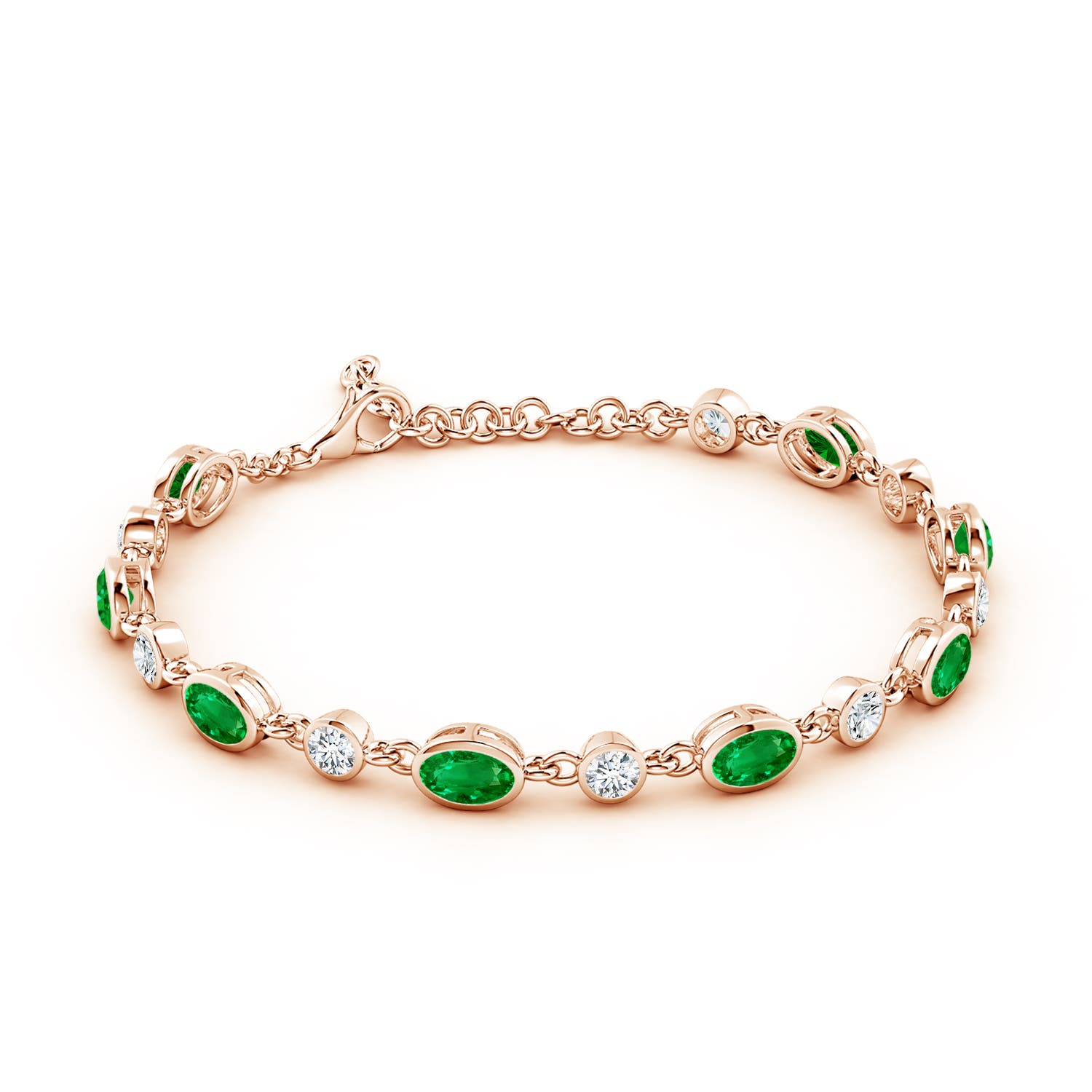 6x4mm AAAA Alternating Oval Emerald and Round Diamond Tennis Bracelet in Rose Gold