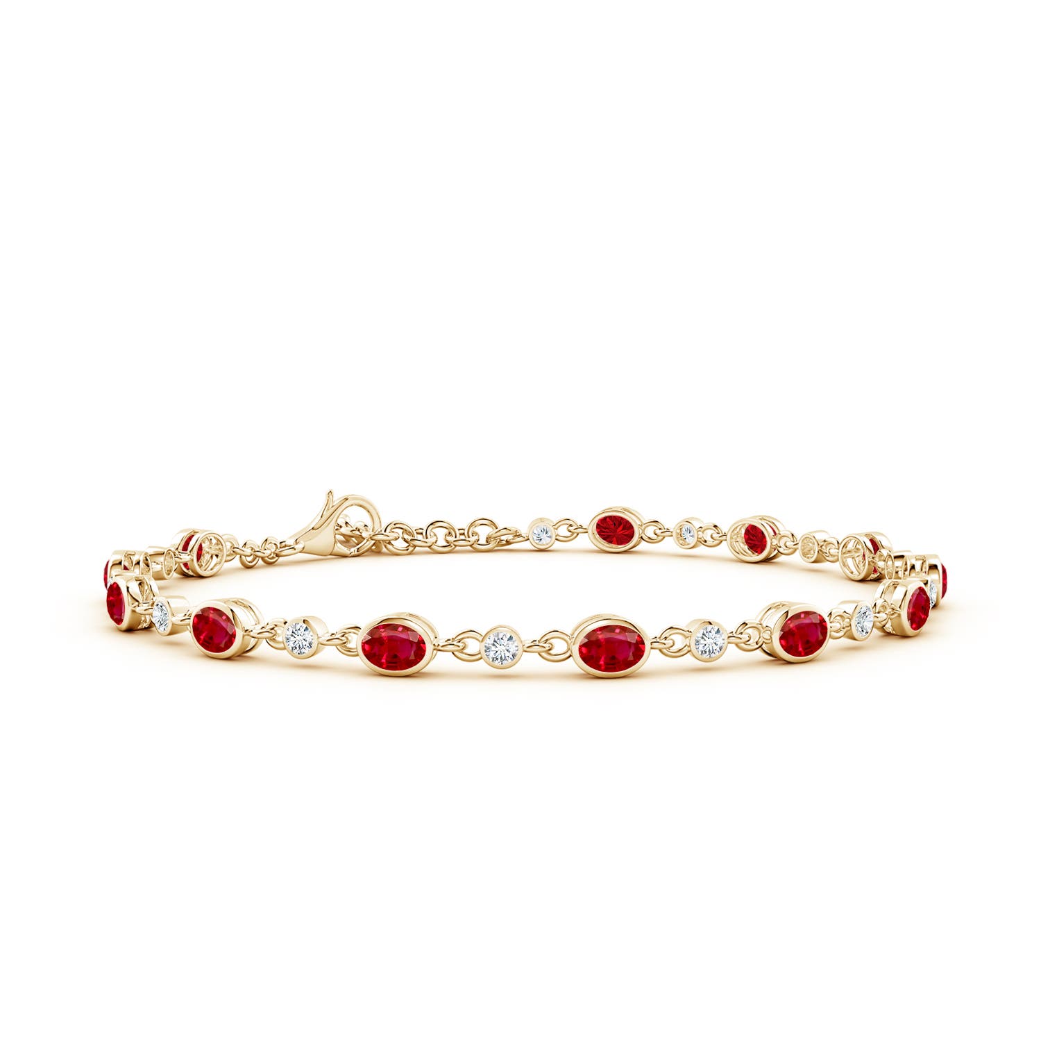 4x3mm AAA Alternating Oval Ruby and Round Diamond Tennis Bracelet in Yellow Gold