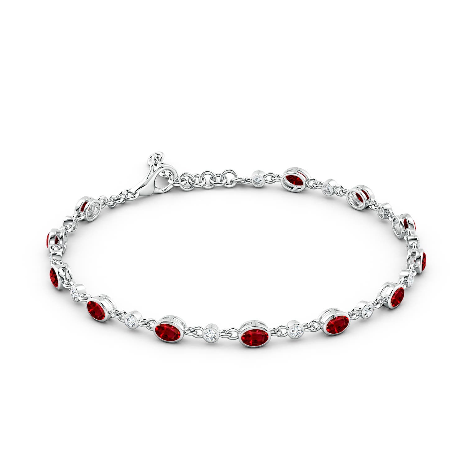 4x3mm AAAA Alternating Oval Ruby and Round Diamond Tennis Bracelet in 18K White Gold - side 2