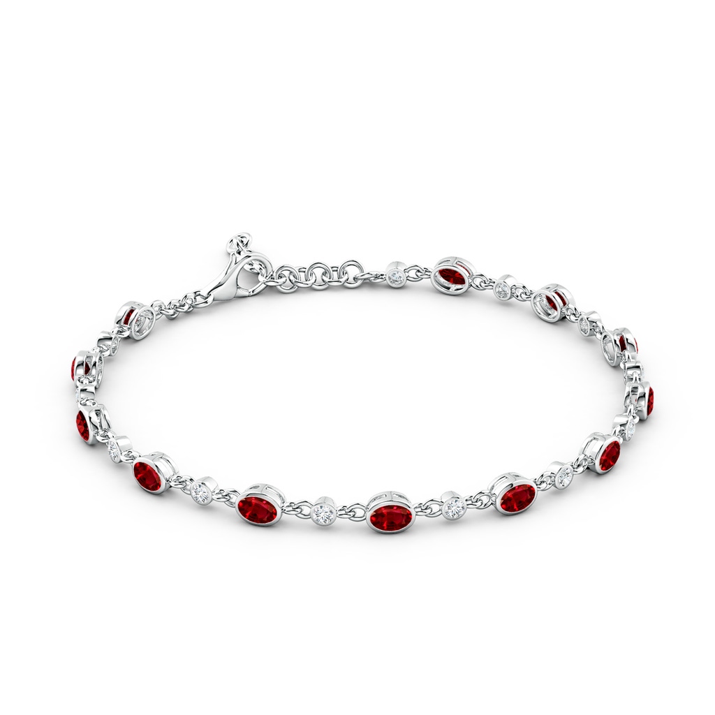 4x3mm AAAA Alternating Oval Ruby and Round Diamond Tennis Bracelet in 18K White Gold - side 199