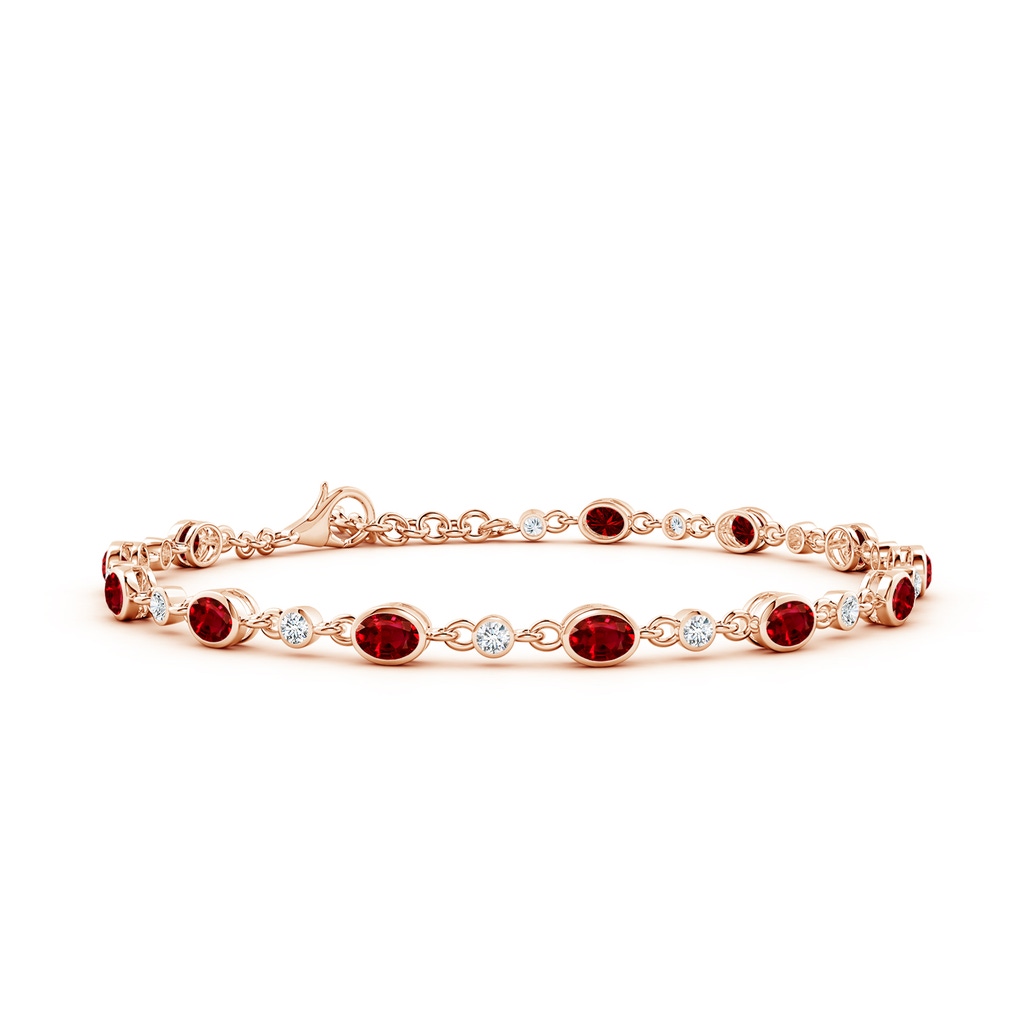 4x3mm AAAA Alternating Oval Ruby and Round Diamond Tennis Bracelet in Rose Gold