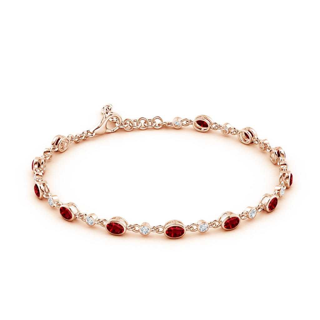 4x3mm AAAA Alternating Oval Ruby and Round Diamond Tennis Bracelet in Rose Gold - side 199