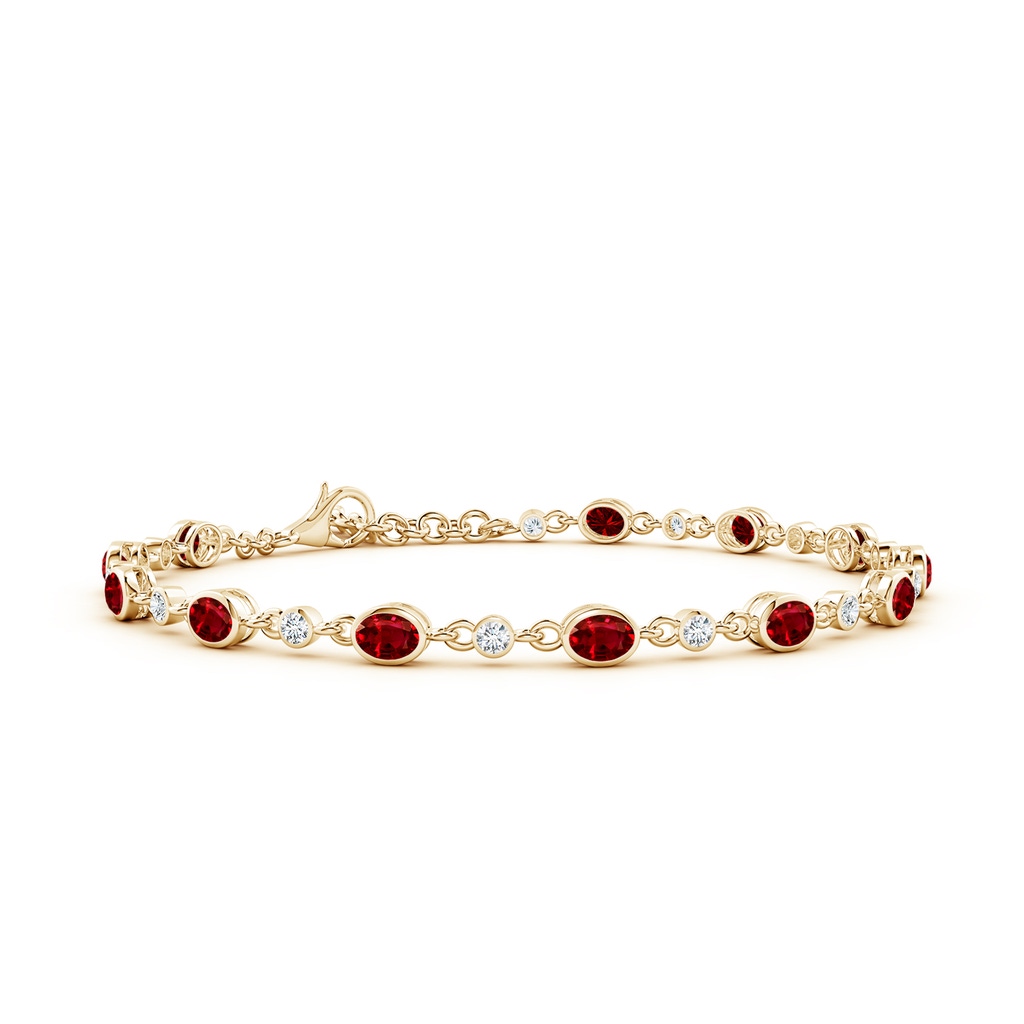 4x3mm AAAA Alternating Oval Ruby and Round Diamond Tennis Bracelet in Yellow Gold