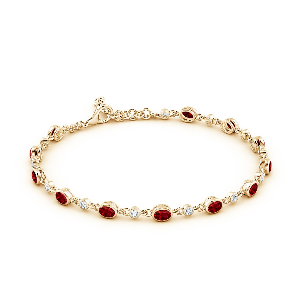 4x3mm AAAA Alternating Oval Ruby and Round Diamond Tennis Bracelet in Yellow Gold - side 199