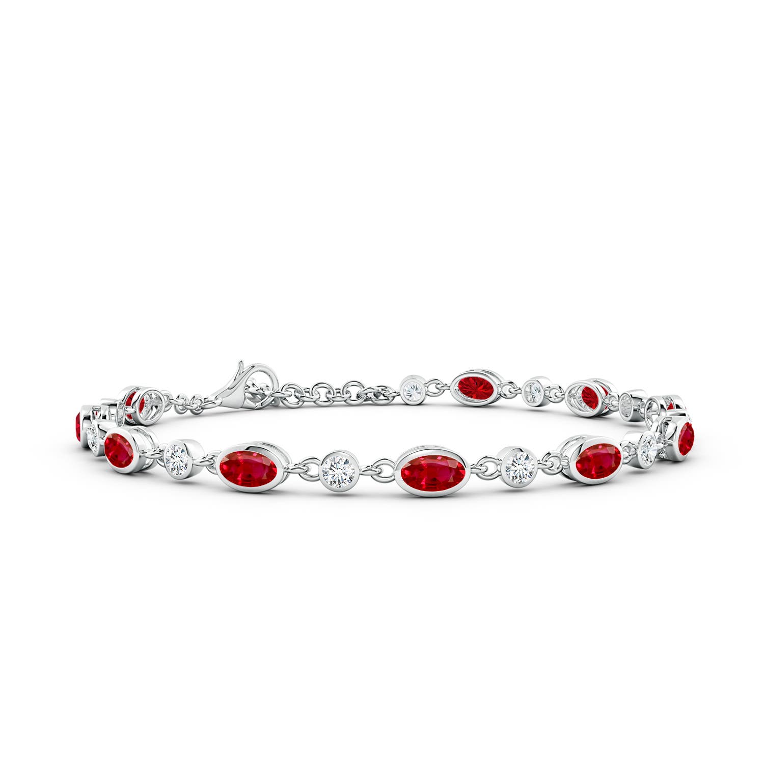 5x3mm AAA Alternating Oval Ruby and Round Diamond Tennis Bracelet in 18K White Gold