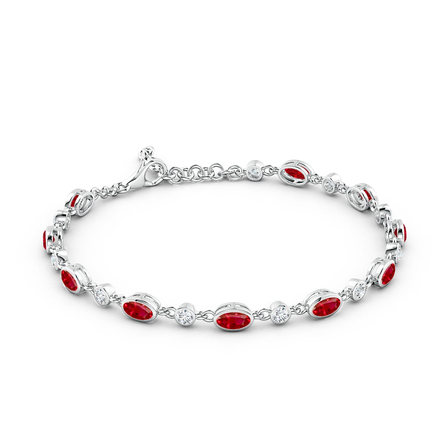 5x3mm AAA Alternating Oval Ruby and Round Diamond Tennis Bracelet in 18K White Gold