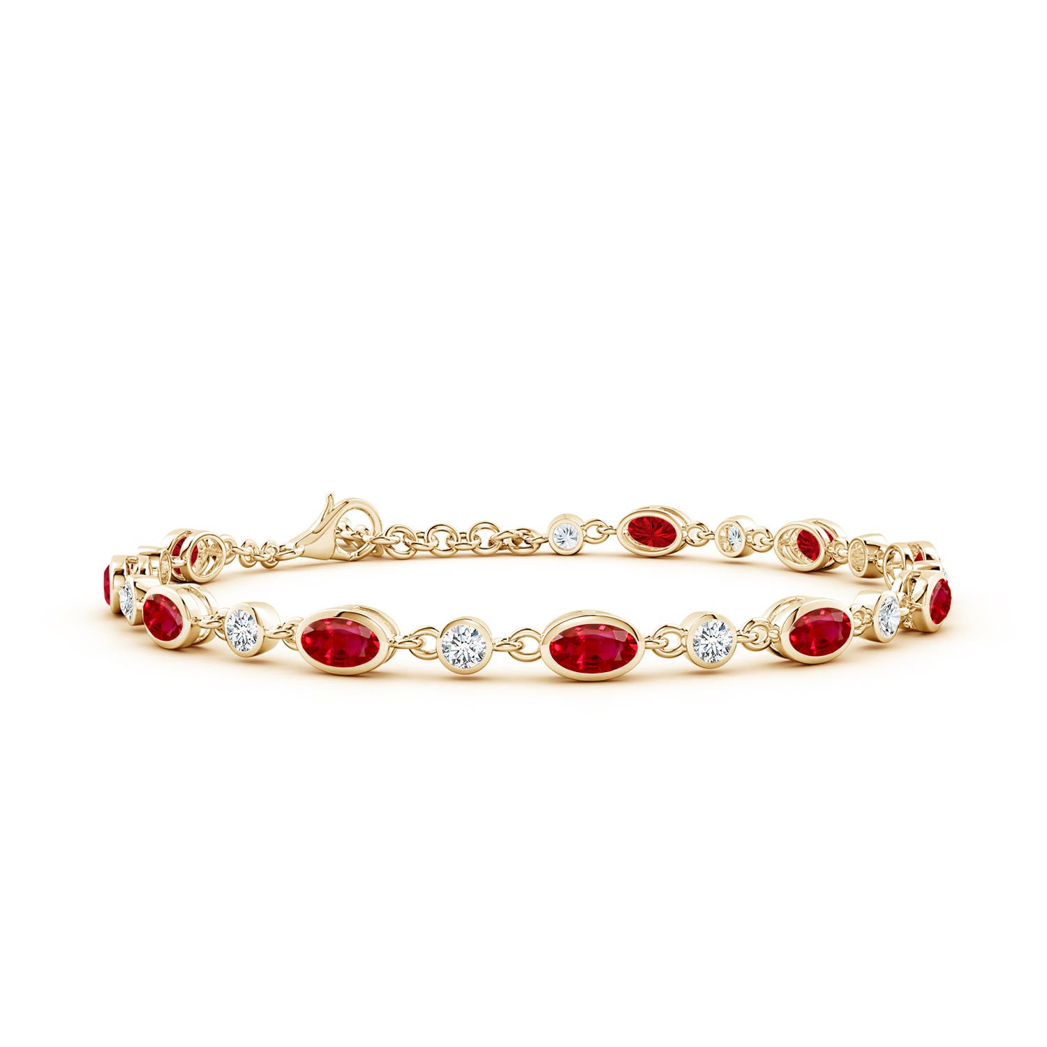 5x3mm AAA Alternating Oval Ruby and Round Diamond Tennis Bracelet in 18K Yellow Gold